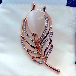 Gold Plated Feather Brooch Pins Moon Stone